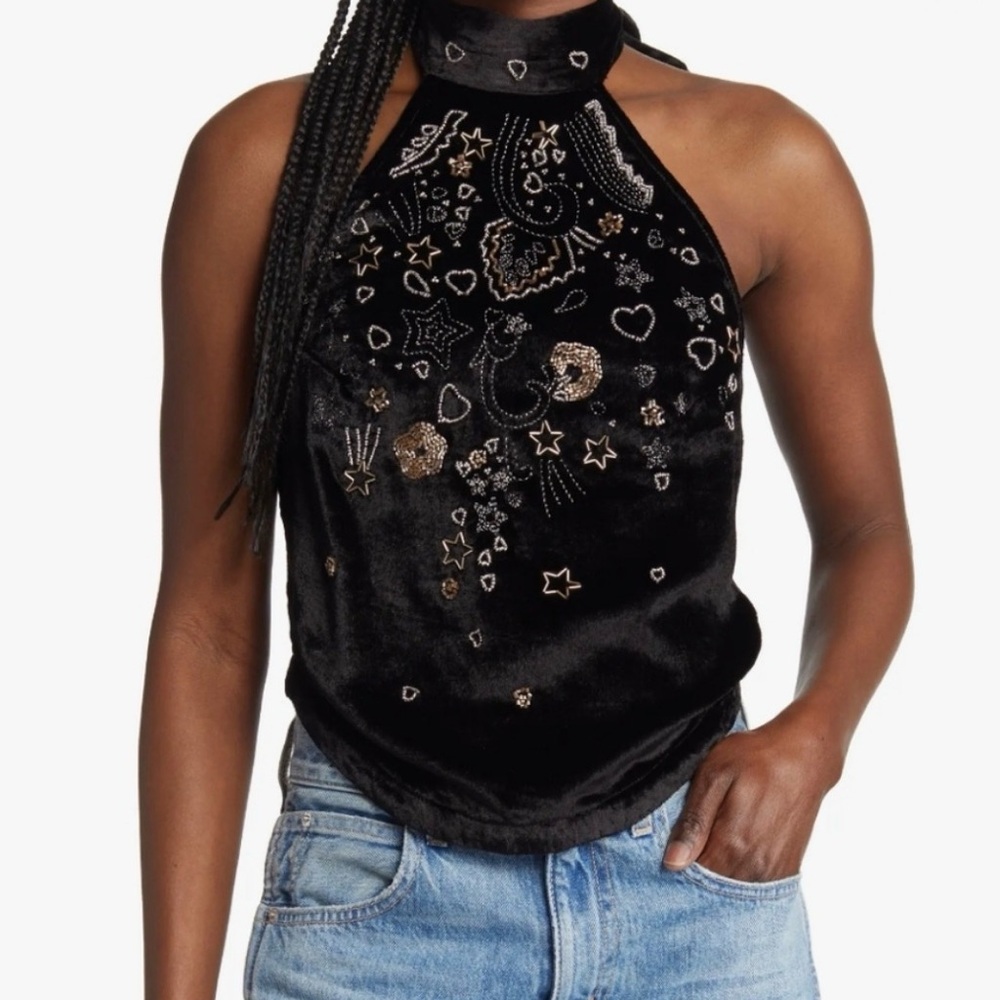 NWT Free People Arianna Velour Beaded Halter Top